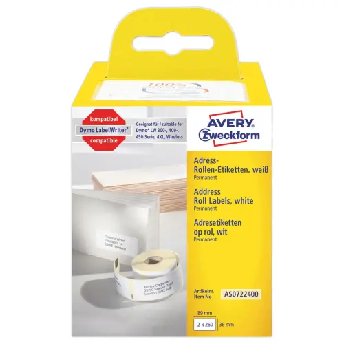 2 Rolletjes van 260 witte labels 36x89 mm voor DYMO LW 450