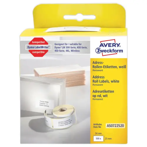Rol van 500 witte etiketten 54x25 mm voor DYMO LW 450