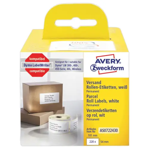 Rol van 220 witte etiketten 101x54 mm voor DYMO LW 450 