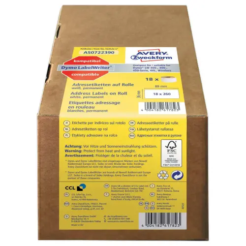 18 Rollen van 260 witte etiketten 36x89 mm voor DYMO LW 450