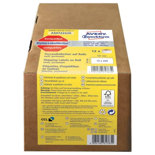 12 Rolletjes van 220 witte etiketten 101x54 mm voor DYMO LW 450