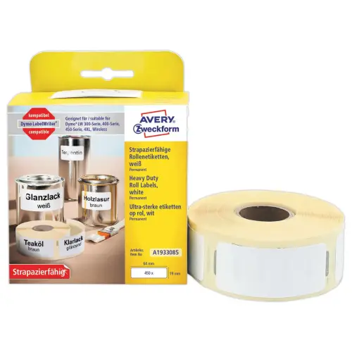Rol van 450 ultra-sterke polypropyleen etiketten LW 19x64 mm