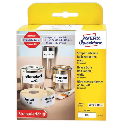 Rol van 450 ultra-sterke polypropyleen etiketten LW 19x64 mm