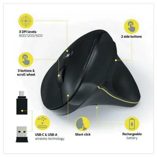 Ergonomische draadloze muis RECHARG ERGO Port Designs - Zwart