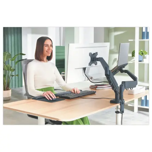 Ruimtebesparende dubbele arm vr schermen/monitoren/PC's Leitz - Grijs