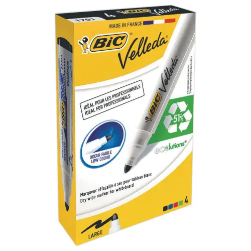 4 Whiteboard markers BIC Velleda 1701 - met plastic houder - spitse punt