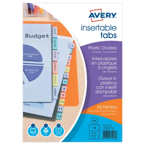 Tabbladen AVERY in polypropyleen- A4 -8 personaliseerbare tabs