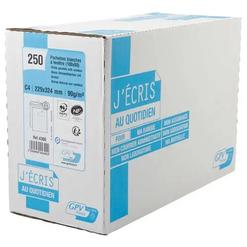 250 Akte-enveloppen 90g 229x324 mm met venster 50x100 mm