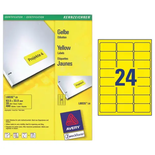 20 Vellen van 24 gele etiketten - 63,5x33,9mm - AVERY
