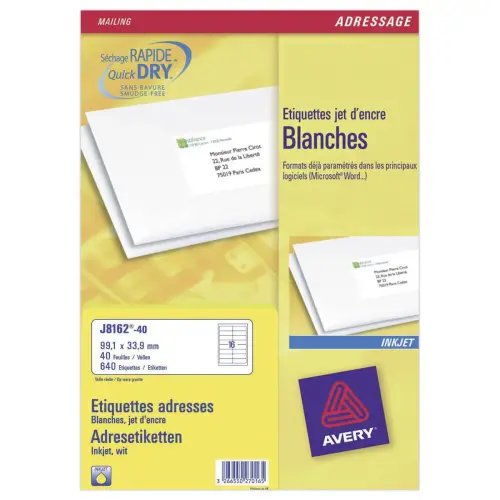 40 vellen van 16 adreslabels voor inkjetprinters - 99,1x33,9mm - AVERY