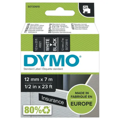 Lint voor etiketteermachine D1 - 7 m x 12 mm - Witte tekst op zwarte achtergrond - DYMO
