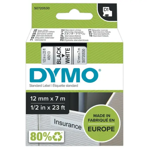 Tape DYMO D1 - 12mm - Opdruk Zwart/Ondergrond Wit