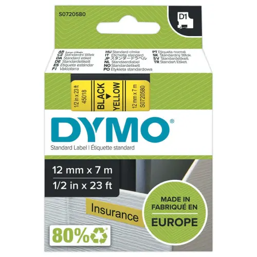 D1 Lint voor etiketteermachine - 7 m x 12 mm - Zwarte tekst op gele achtergrond - DYMO
