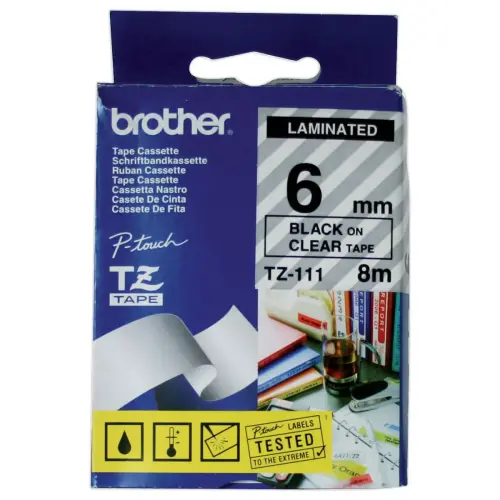 Tape voor labelmaker BROTHER TZe 111 6mm doorzichtig/zwarte tekst