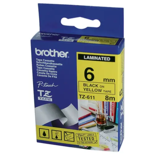 Tape voor labelmaker BROTHER TZe 611 6mm ondergrond geel/zwarte tekst