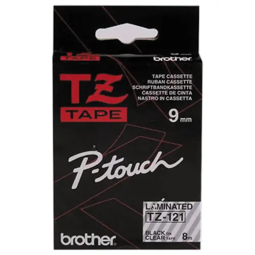 Tape voor labelmaker BROTHER TZe 121 9mm transparant/zwarte tekst 