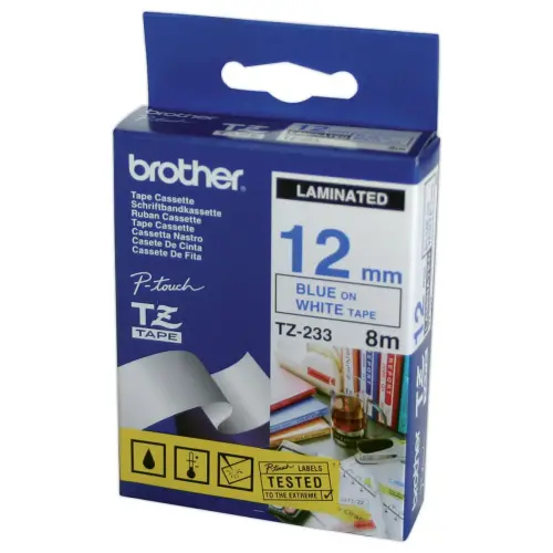 Tape en etiketten  BROTHER TZ233 - 12mm- Afdruk Blauw/Achtergrond Wit 