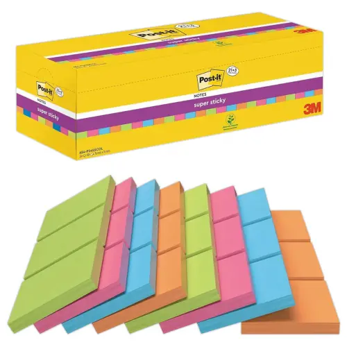 024 POST-IT® Blokken super sticky herpositioneerbare memoblaadjes - 7,6 x 7,6 cm - Diverse kleuren