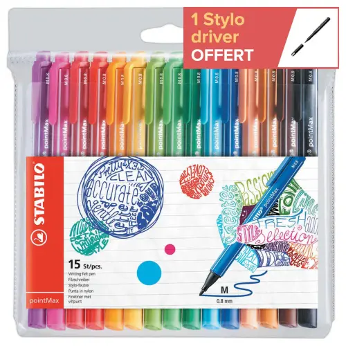 15 Stiften pointMax - Middelgrote punt - Waterinkt - Assortimente kleuren - Stabilo