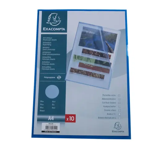 Zakje met 10 hoekzakjes van gegraind polypropyleen 12/100e - A4 - Blauw - Exacompta 