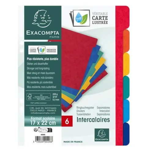 Glanzende kartonnen tabbladen 225 g 6 posities - scholierenformaat 17 x 22 cm - Exacompta