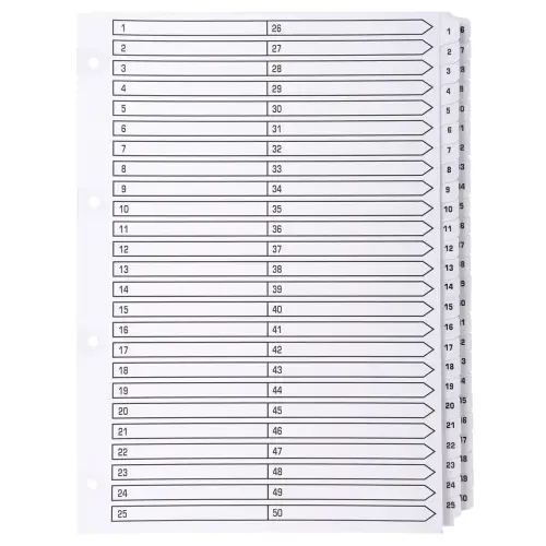 Gedrukte tabbladen met gelamineerde tabs - 50 tabs 1 tot 50 - A4 - Wit - Exacompta 
