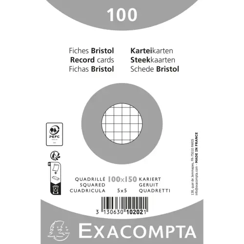 Pak van 100 kaarten onder folie - geruit bristol 5 x 5 niet geperforeerd - 100 x 150 mm - Wit - Exacompta 