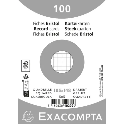 Pak van 100 kaartjes onder folie - bristol geruit 5 x 5 niet-geperforeerd 105 x 148 mm - Wit - Exacompta
