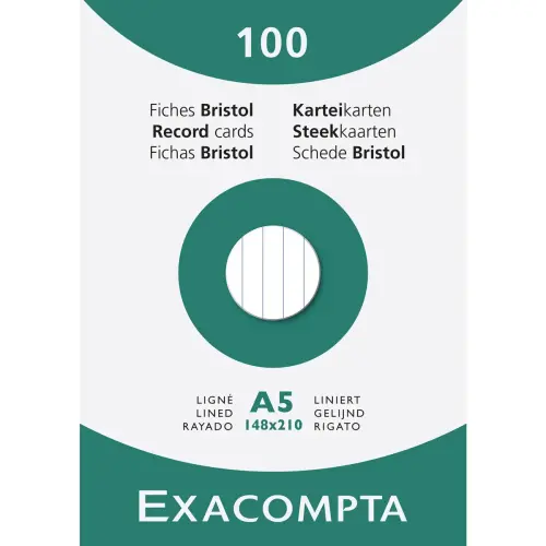 Etui van 100 kaarten - gelinieerd bristol, niet geperforeerd 148 x 210 mm - Wit - Exacompta 
