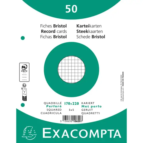 Pak van 50 kaarten onder folie - geruit bristol 5 x 5 geperforeerd 170 x 220 mm - Wit - Exacompta