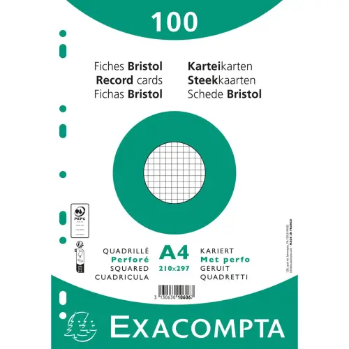 Pak van 100 kaartjes onder folie - geruit bristol 5 x 5 geperforeerd - 210 x 297 mm - Wit - Exacompta