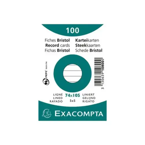 Pakket van 100 kaarten onder folie - gelinieerd bristol niet-geperforeerd 74 x 105 mm - Wit - Exacompta