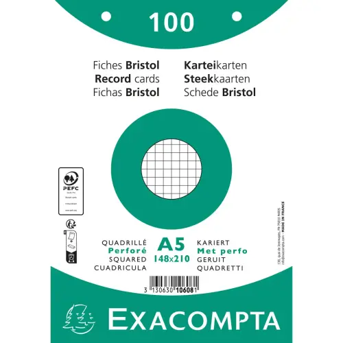 Pak van 100 kaarten onder folie - geruit bristol 5 x 5 geperforeerd 148 x 210 mm - Wit - Exacompta
