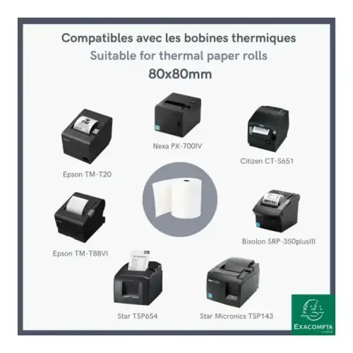 Rol papier voor kassabonnen 80 x 80 mm - 1-laags thermisch 55 g/m2 zonder BPA - Exacompta 