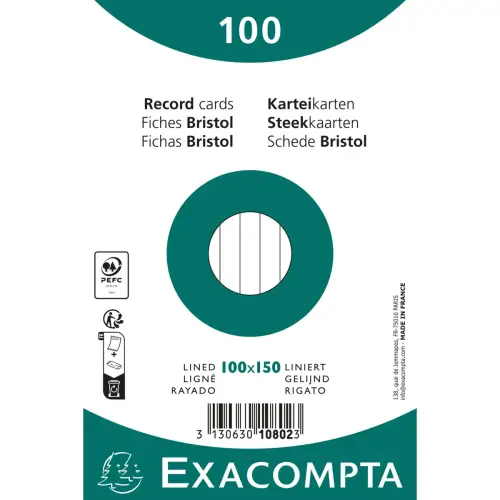 Pak van 100 kaarten onder folie - gelinieerd bristol, niet geperforeerd 100 x 150 mm - Wit - Exacompta 