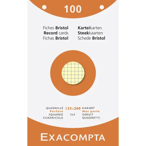 Doos van 100 kaartjes - geruit bristol 5 x 5 geperforeerd 125 x 200 mm - Assortiment kleuren - Exacompta 
