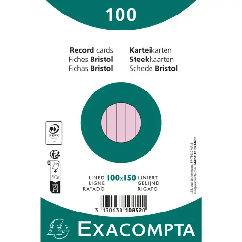 Pak van 100 kaarten onder folie - gelinieerd bristol niet-geperforeerd 100 x 150 mm - Roze - Exacompta