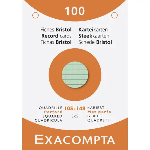 Doosje van 100 kaartjes - geruit bristol 5 x 5 geperforeerd 105 x 148 mm - Assortiment kleuren - Exacompta 
