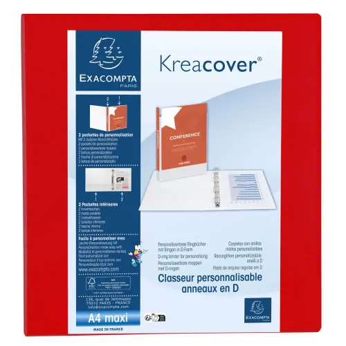 Personaliseerbare PP-ringmap Kreacover - 4 D-ringen 60 mm - Maximaal A4 - Rood - Exacompta 