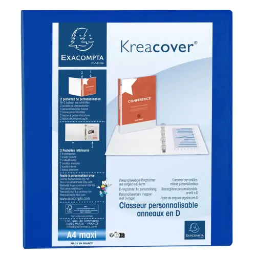 Personaliseerbare PP-ringmap Kreacover - 4 D-ringen van 40 mm - maximaal A4 - Blauw - Exacompta 
