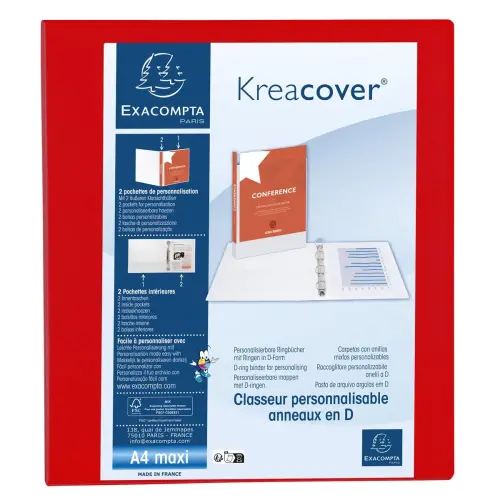 Kreacover personaliseerbare PP-ringmap - 4 D-ringen van 40 mm - A4 maxi - Rood - Exacompta 