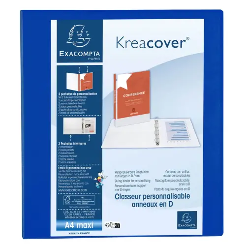 Aanpasbare PP-ringmap Kreacover - 4 D-ringen van 50 mm - Maximaal A4 - Blauw - Exacompta