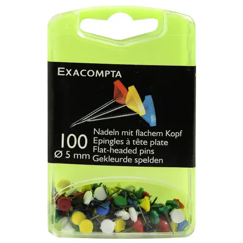 Doos van 100 effen platte kopspelden - puntlengte 8 mm - diameter 5 mm - Assortiment van kleuren - Exacompta 