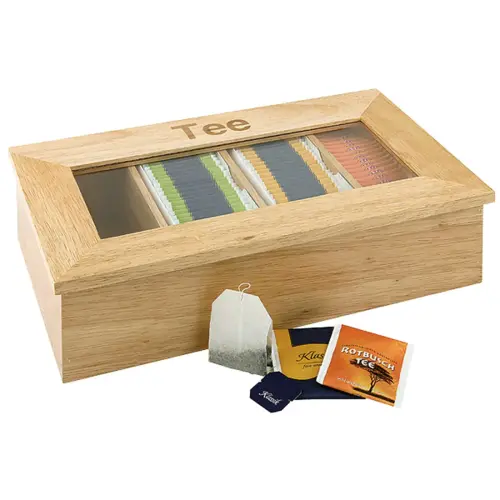 Theedoos en infusie, van hout, 4 vakken, lichtbruin - Aps 