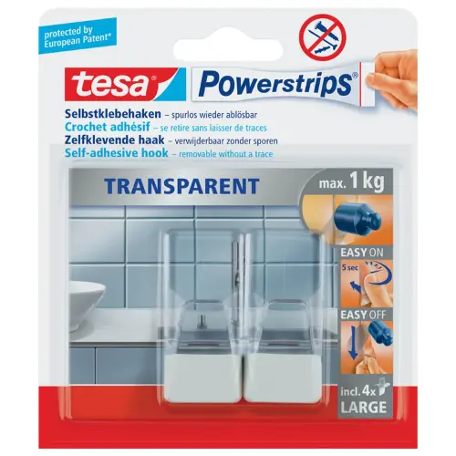 Zelfklevende haak GROOT, transparant / wit - Tesa 