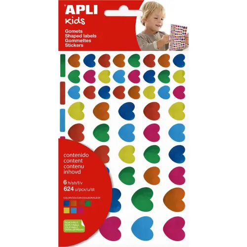 Zakje met metallic hartvormige stickers in assorti kleuren, 6 vellen - Apli 