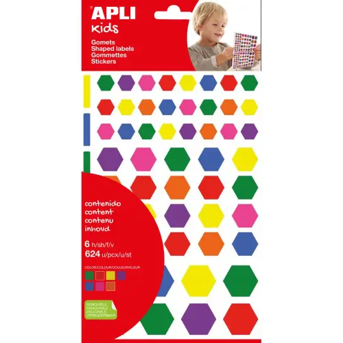 Verwijderbare hexagonale stickervellen in assorti kleuren, 6 vellen - Apli