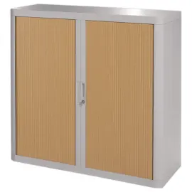 Lage roldeurkast Easyoffice - Grijs en beuk- PAPERFLOW 