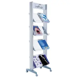 Mobiele displaystand alu met 4 plexi-planken voor 8 A4-documenten. 