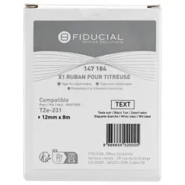 Ruban comp BROTHER TZE 231 12mm wit met zwarte opdruk 